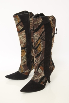 Bota camurça preta flores fita vintage 39