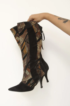 Bota camurça preta flores fita vintage 39