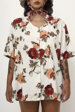 Camisa branca flores vermelha ampla longa vintage na internet