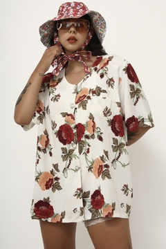 Camisa branca flores vermelha ampla longa vintage - comprar online