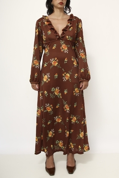 Vestido valisere marrom flores amarela babados manga vintage - Capichó Brechó