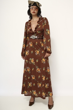 Vestido valisere marrom flores amarela babados manga vintage - loja online