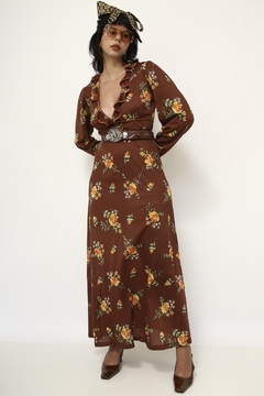 Vestido valisere marrom flores amarela babados manga vintage