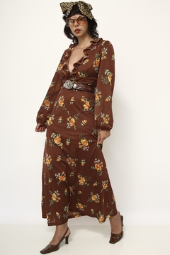 Imagem do Vestido valisere marrom flores amarela babados manga vintage