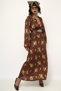 Vestido valisere marrom flores amarela babados manga vintage na internet