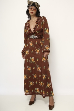 Vestido valisere marrom flores amarela babados manga vintage - comprar online