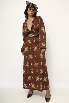 Vestido valisere marrom flores amarela babados manga vintage na internet