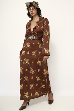 Vestido valisere marrom flores amarela babados manga vintage - comprar online