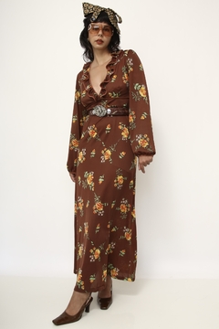 Vestido valisere marrom flores amarela babados manga vintage - loja online