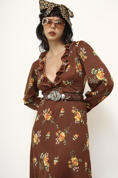 Imagem do Vestido valisere marrom flores amarela babados manga vintage