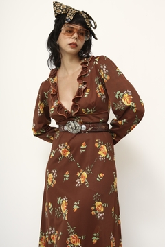 Vestido valisere marrom flores amarela babados manga vintage na internet