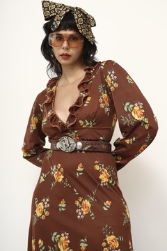 Vestido valisere marrom flores amarela babados manga vintage