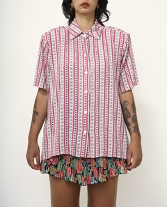 Camisa rosa vintage mini flor listras - Capichó Brechó