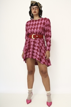 Vestido rosa losango vintage manga longa - comprar online
