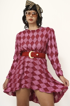 Vestido rosa losango vintage manga longa - Capichó Brechó