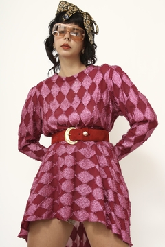 Vestido rosa losango vintage manga longa