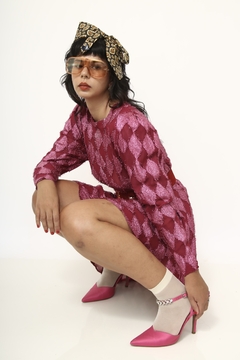 Vestido rosa losango vintage manga longa - comprar online