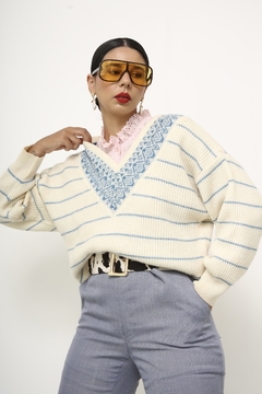 Pulover gola V creme listras gola azul - comprar online