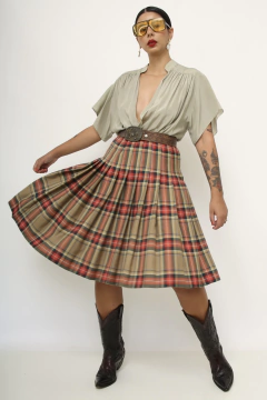 Saia xadrez marrom com vermelho pregas vintage