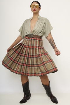 Saia xadrez marrom com vermelho pregas vintage - Capichó Brechó