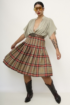 Saia xadrez marrom com vermelho pregas vintage - comprar online