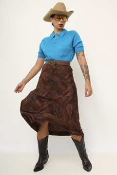 Saia marrom estampa vintage detalhe em azul - loja online