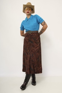 Saia marrom estampa vintage detalhe em azul - comprar online