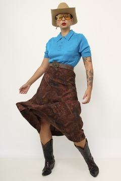 Saia marrom estampa vintage detalhe em azul - comprar online