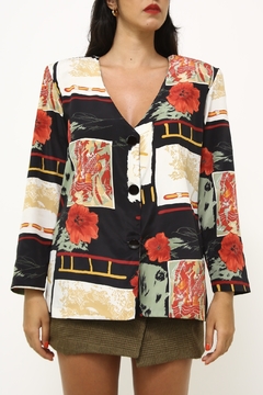 Blazer estampado vintage flores vermelha - Capichó Brechó