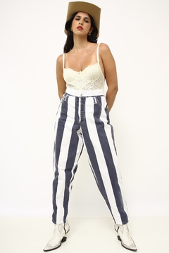 Calça cintura alta listras vintage na internet