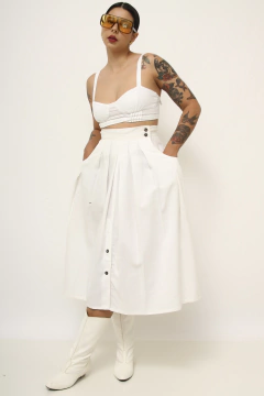 Saia cintura alta midi pregas atalhada