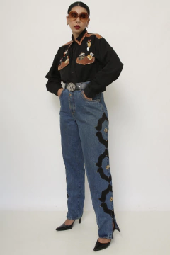 Calça western jeans recorte couro - Capichó Brechó
