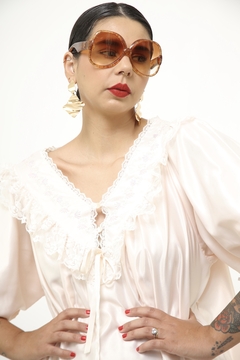 Camisola manga bufante rosa renda