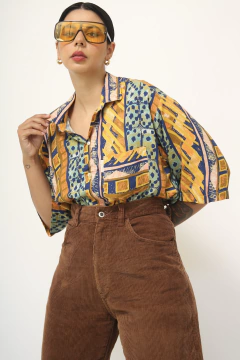 Camisa viscose estampada azul laranja - comprar online