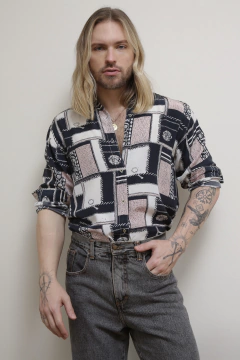 Camisa western rosa azul manga longa