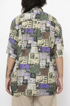 Camisa seda estampada verde roxa vintage - loja online