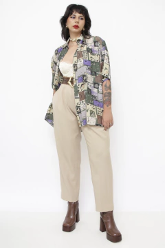 Camisa seda estampada verde roxa vintage - comprar online