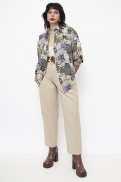 Camisa seda estampada verde roxa vintage - comprar online