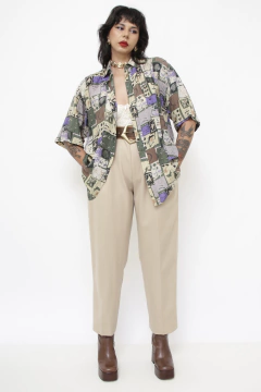 Camisa seda estampada verde roxa vintage - loja online