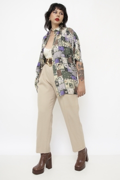 Camisa seda estampada verde roxa vintage na internet