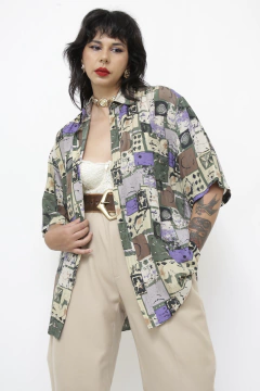 Camisa seda estampada verde roxa vintage - comprar online