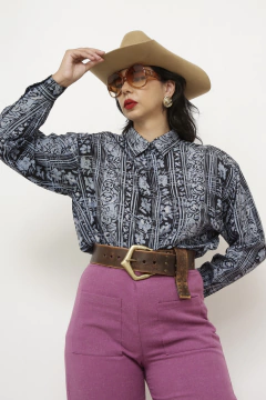 Camisa seda azul estampada - loja online