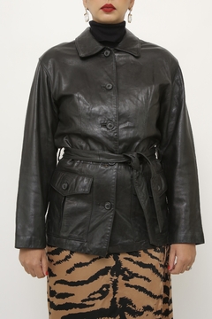 Casaco couro cinto vintage 70´s preto - loja online