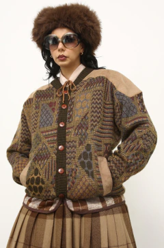 Cardigan lã com recorte couro estampado - comprar online