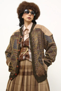 Cardigan lã com recorte couro estampado - comprar online