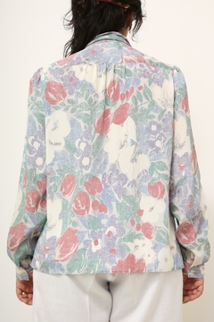 Camisa manga longa azul flores gravata - loja online