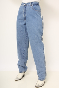 Calça jeans azul classica listra branca lateral bag na internet