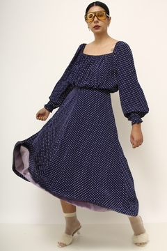 Vestido poa vintage azul ombro a ombro