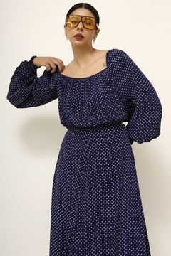 Vestido poa vintage azul ombro a ombro na internet