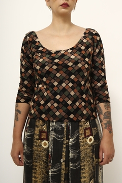 Blusa xadrez vintage justa manga 7/8 - comprar online